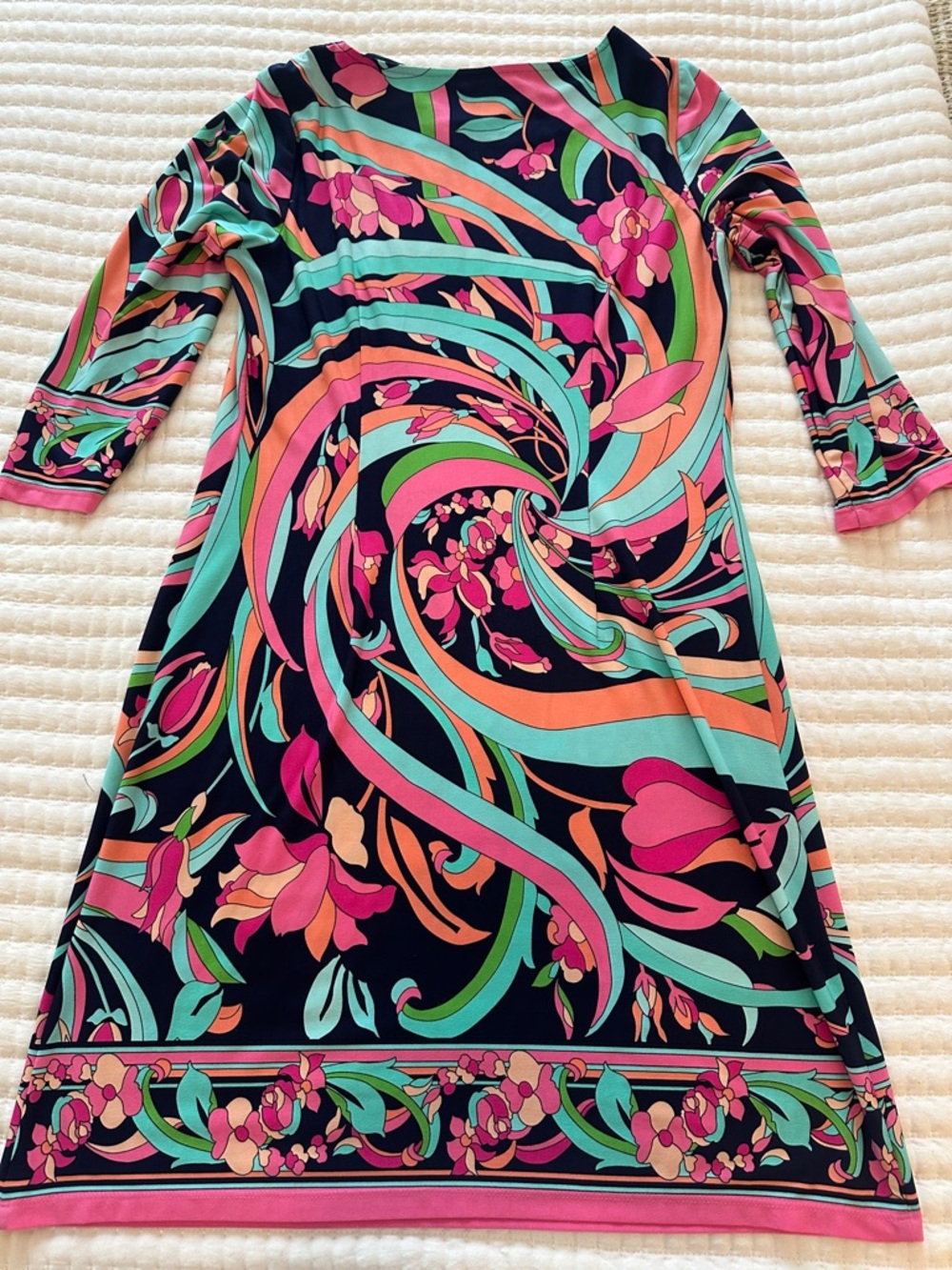 LONDON TIMES vibrant retro Navy Pink & Teal swirl shift 3/4 sleeve dress Sz 10 - Picture 8 of 9